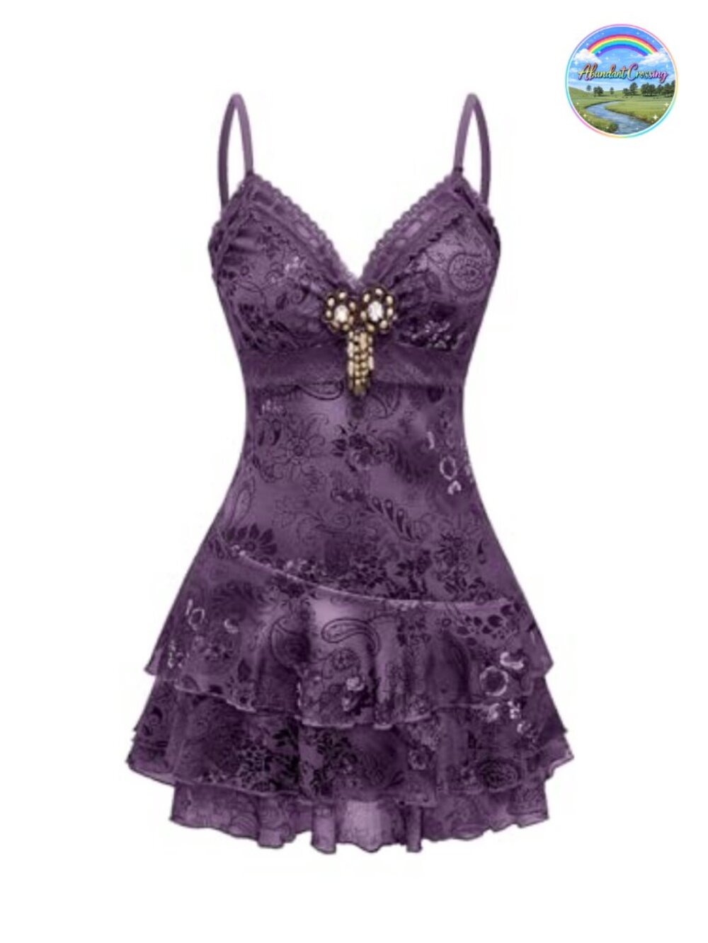 Vintage Boho Beaded Ruffle Lace Paisley Mini Dress